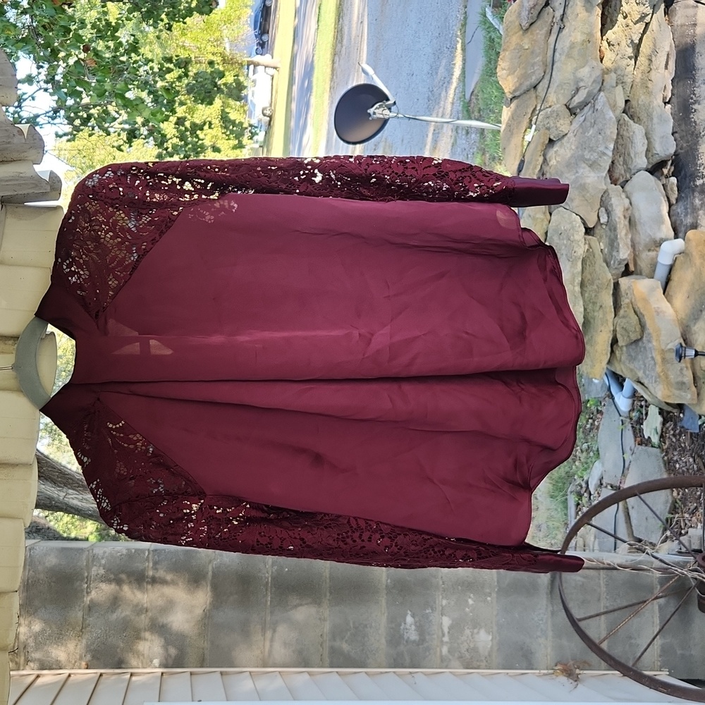 Petite Silk Mock Neck Burgundy Blouse with Lace Sleeves